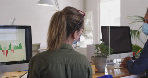 Office Workers in Masks and Partition Due to Covid-19