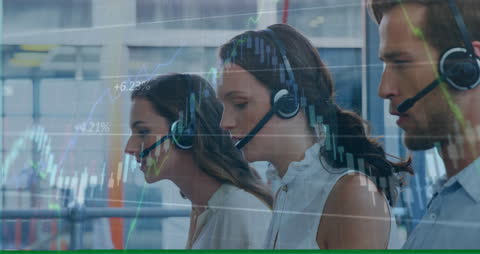 Customer Support Team Using Headsets with Digital Data Overlay