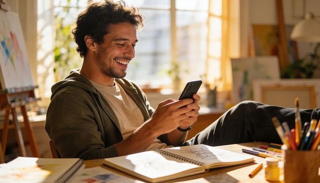 Smiling male artist scrolling smartphone in sunlit studio with sketchbooks and brushes