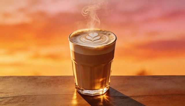 Golden-hour latte in faceted glass with rosette latte art and swirling steam