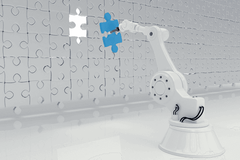 transparent robot hand completing puzzle with blue piece - Download Free Stock Videos Pikwizard.com