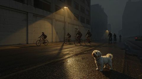 Barking dog on urban wet road with cyclists under streetlights at dusk