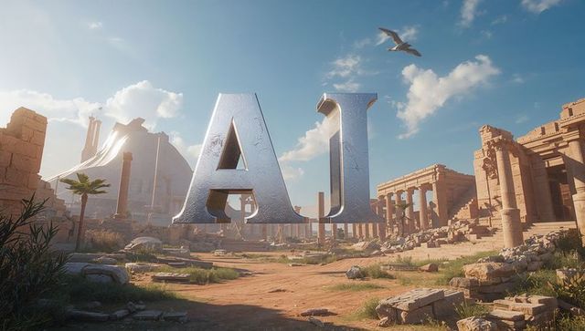 Floating metallic ai monogram casting long shadows over desert ruins