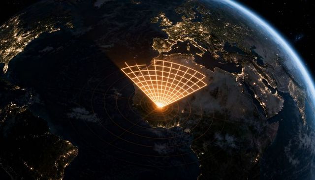 Orange radar grid projecting from west africa over atlantic at night with city lights