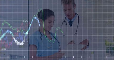 Healthcare Professionals Analyzing Data with Graph Overlay