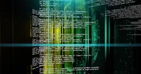 Cascading Code Panels Overlapping Neon Green Data Columns and Teal Particle Streams