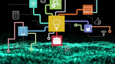 Digital Network Connections and Icons Over Green Mesh