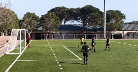 Soccer team strategizing for corner kick on outdoor field