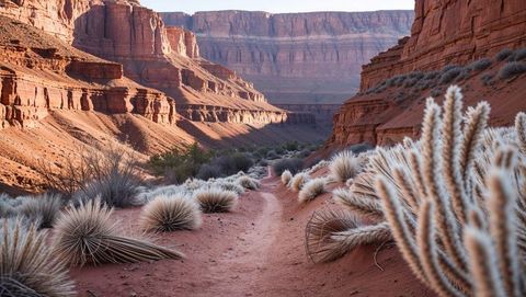 Rugged desert canyon scenic landscape with tumbleweed on windy trail