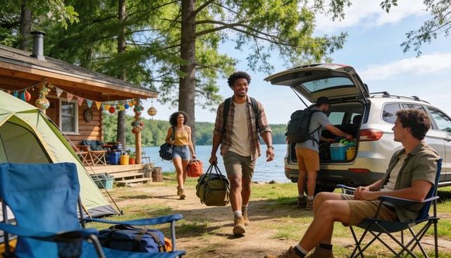Friends arriving and unloading lakeside cabin camping trip with suv, tent, backpacks, gear