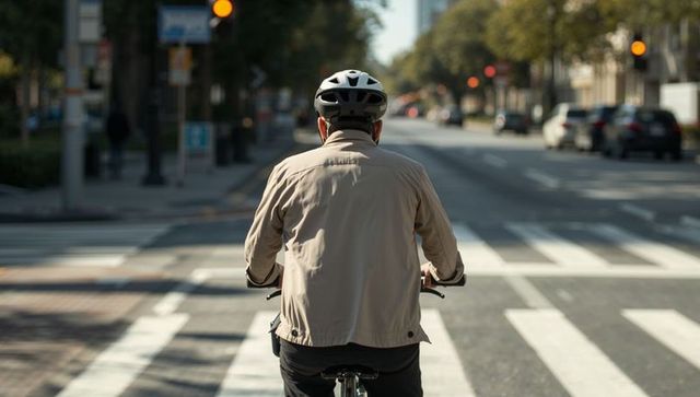 Senior cyclist riding across urban crosswalk during morning commute with helmet and jacket