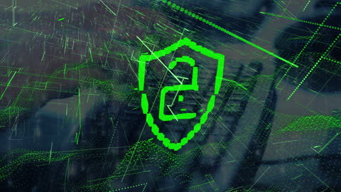 Digital Cyber Security Shield with Electro Nodes and Green Sparkles