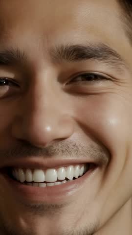 Close-up vertical video showing smiling man blinking and revealing warm friendly smile