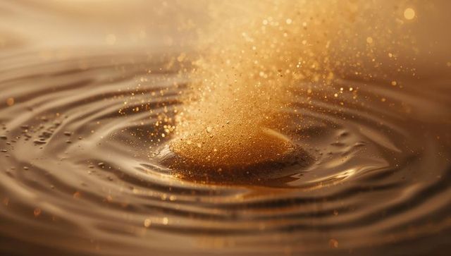 Golden Particles Falling into Dark Liquid Creating Ripples in Macro View