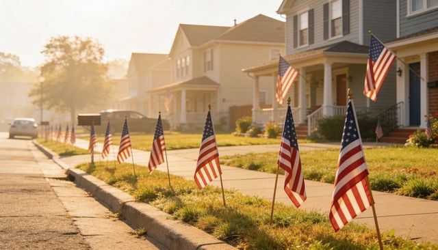 Sunlit suburban street with small american flags waving along sidewalks