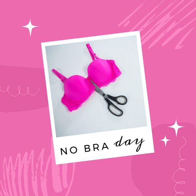 Image of no bra day on pink background and bra with pink ribbon