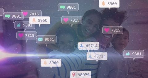 Joyful family selfie with social media engaging notifications