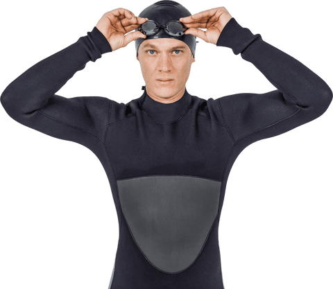 Portrait of focused swimmer adjusting his goggles in black wetsuit on transparent background