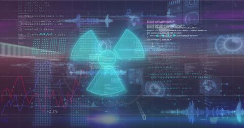 Digital nuclear warning symbol over data with crisis theme