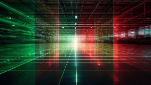 Futuristic Warehouse Interior with Grid and Light Effects