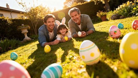 Multigenerational family hunting easter eggs in sunlit garden during golden hour