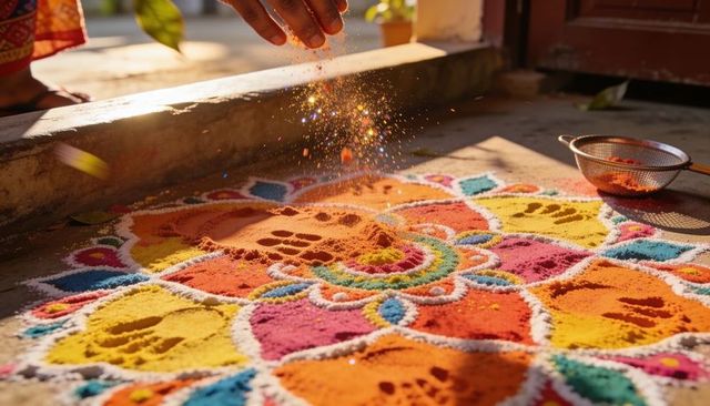 Hand sprinkling colored powder over intricate rangoli on home doorstep during festival
