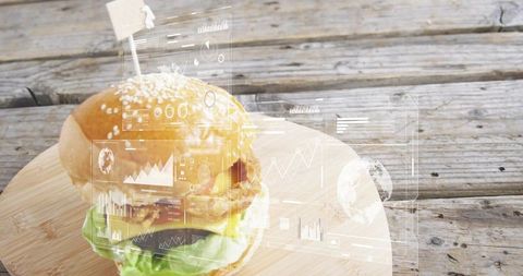 Futuristic cheeseburger with holographic data overlay on rustic wooden cutting board