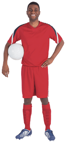 Football Player in Red Kit Holding Ball Transparent Background