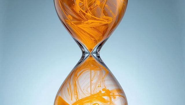 Elegant hourglass with swirling orange fluid in minimalist studio