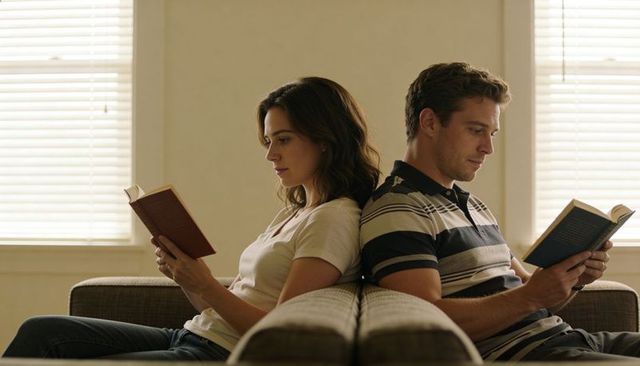 Couple reading back-to-back on sofa in sunlit minimalist living room
