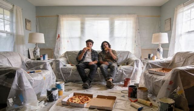 Two men taking pizza break during home renovation surrounded by paint cans and drop cloths