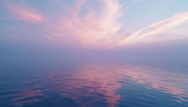Serene open ocean horizon at sunset with pastel clouds