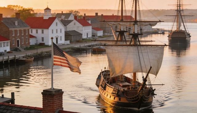 Sunlit colonial tall ship entering quiet harbor with american flag at golden hour