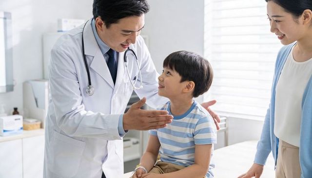 Pediatrician reassuring young boy during clinic checkup with smiling parent support
