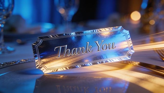 Elegant metallic thank you place card on banquet charger reflecting blue and gold light