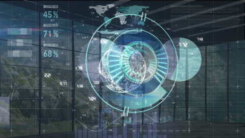 Futuristic Digital Interface with Data Overlay on Scenic Background