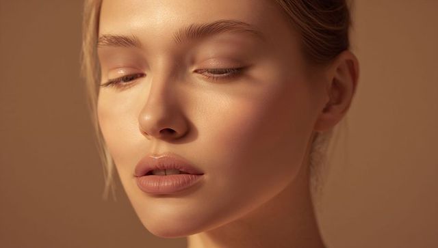 Serene closeup portrait of blonde woman with natural makeup and warm golden lighting