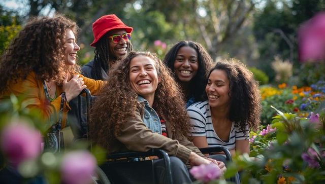 Diverse friends laughing around wheelchair in vibrant botanical garden