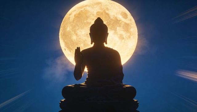 Silhouette buddha with full moon halo embracing abhaya mudra for night meditation