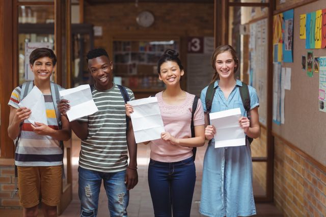 Group of diverse students standing in school corridor, holding grade cards and smiling. Ideal for educational content, school success stories, academic achievement promotions, and youth-focused campaigns.