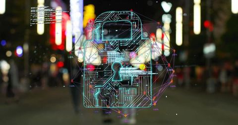 Digital padlock circuit cityscape symbolizing cybersecurity