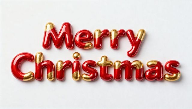 Merry christmas glossy red and gold 3d lettering casting soft shadows, sparkling highlights