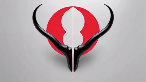 Abstract black demon horns on bold red circle with seamless vertical split