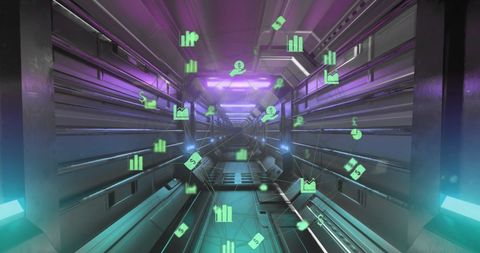 Digital Icons Forming Globe in Futuristic Tunnel Environment