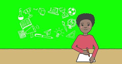 Schoolgirl Writing Notes with Educational Icons on Green Background - Download Free Stock Images Pikwizard.com