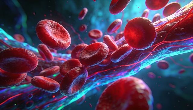 Flowing red blood cells through luminescent microvessel with glowing filaments and platelets