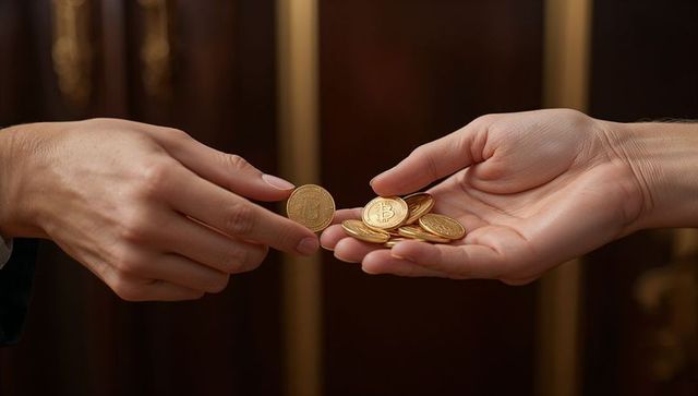 Exchanging Physical Bitcoin Coins Between Hands Over Wood-Paneled Background