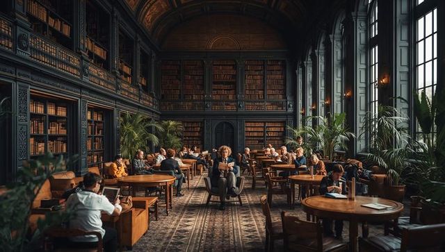 Grand Historic Library Interior with Readers, Central Armchair, Tall Windows and Bookcases