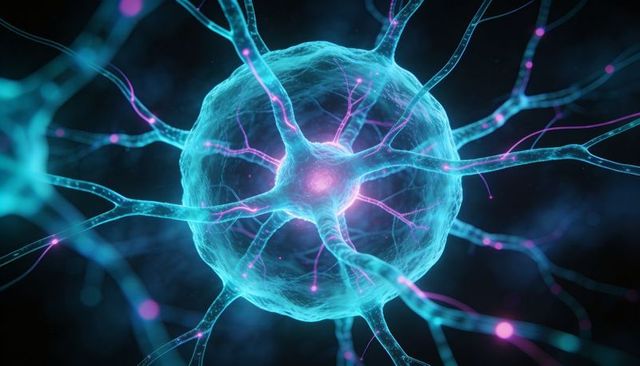 Glowing neuron network showcasing cyan soma and pink synaptic activity in microscopic view