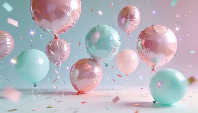 Floating pastel balloons with metallic confetti and curling ribbons for festive decor